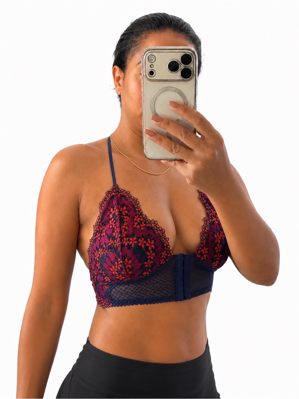 Y2K Free People Intimately Longline Lace Bralette Sheer Floral Navy Red M